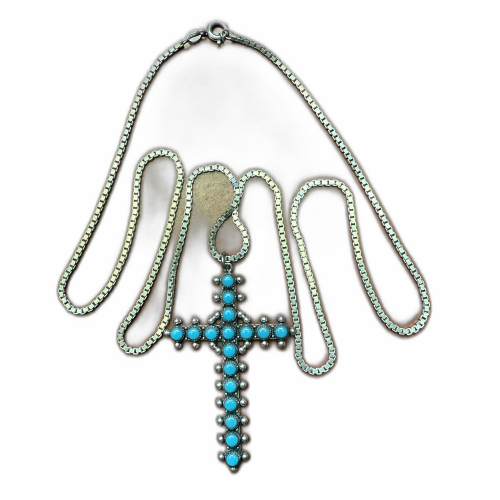 Handgefertigte 925er Silberkette mit großem Türkis-Kreuz – Vintage-Unikat
