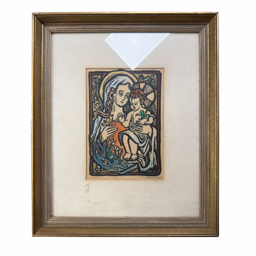 Waldemar Mallek – Madonna mit Kind – signierter Farbholzschnitt – Original Grafik gerahmt