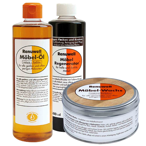 Renuwell Möbel Öl 500 ml - Regenerator 500 ml - Wachs 500 ml Spar-Set