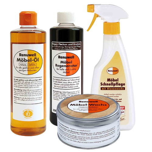 Renuwell Möbel Öl 500 ml - Regenerator 500 ml - Wachs 500 ml - Schnellpflege 500 ml