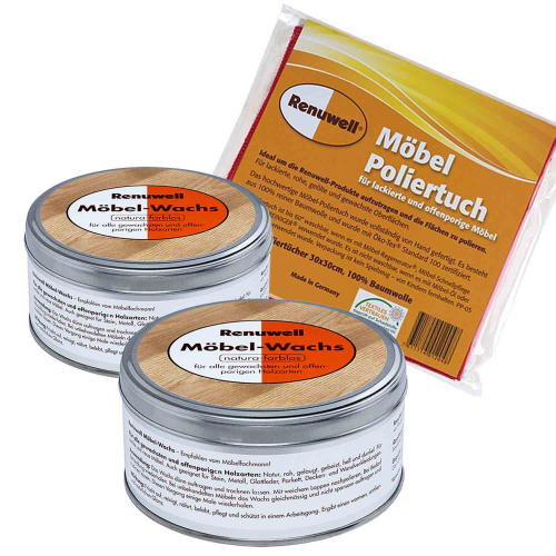 Renuwell Möbel-Wachs 2 × 500 ml - Möbel Poliertuch 4 Stück Spar-Set
