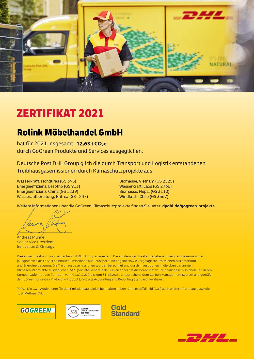 Das DHL Umweltzertifikat für die Rolink Möbelhandel GmbH